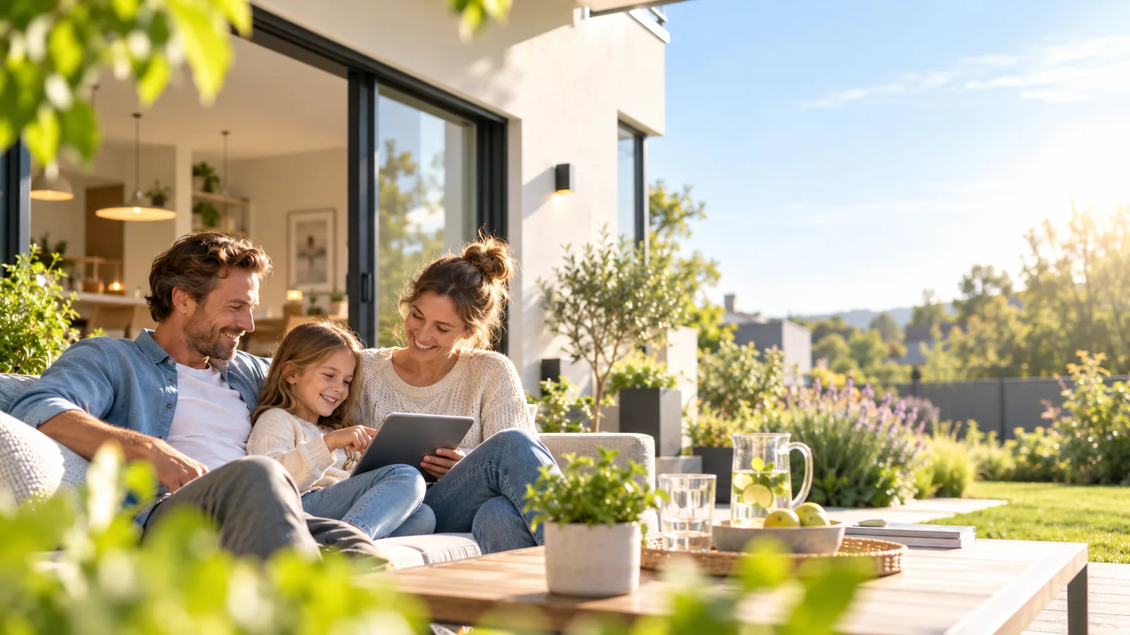 Helle moderne Wohnsituation mit Familie, viel Tageslicht und Grün