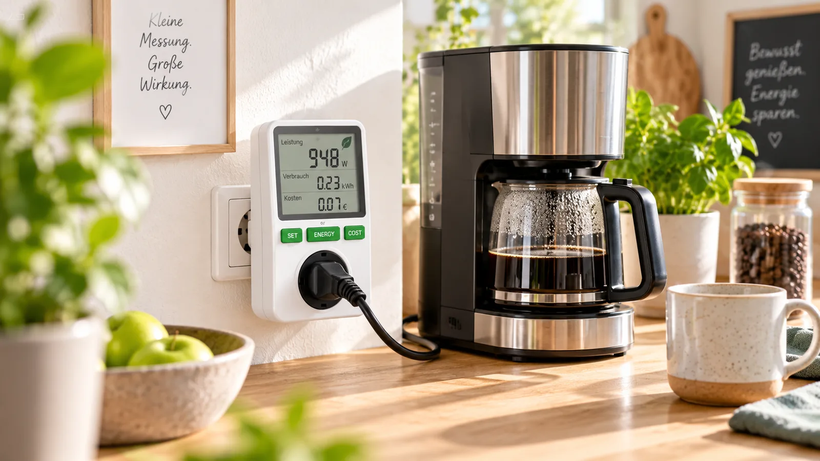 Strommessgerät misst den Verbrauch einer Kaffeemaschine