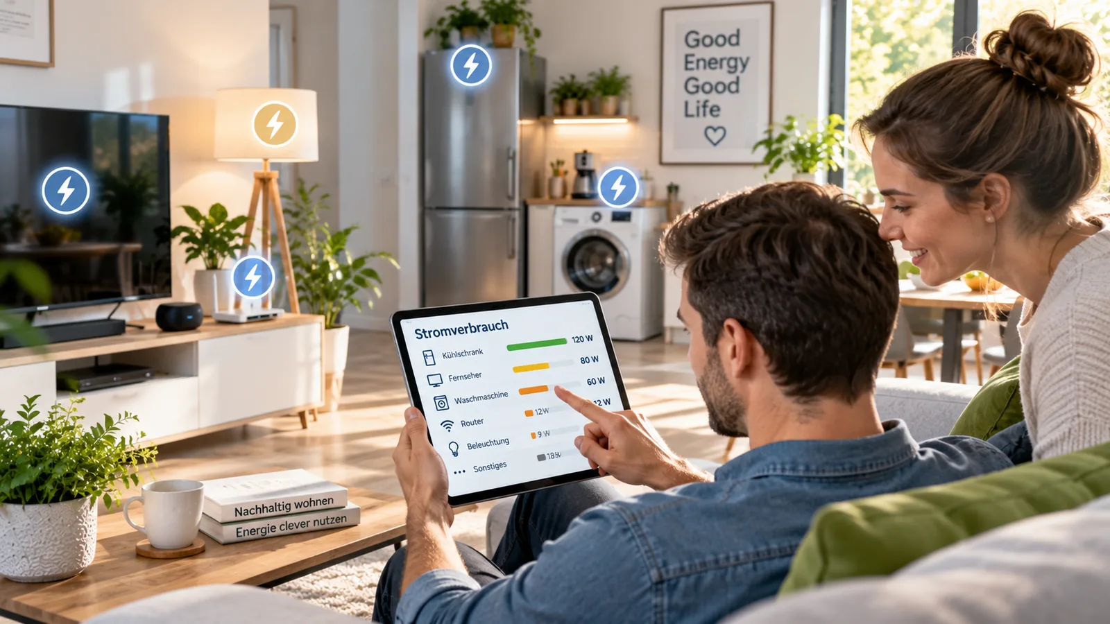 Haushalt analysiert Stromverbrauch verschiedener Geräte auf einem Tablet