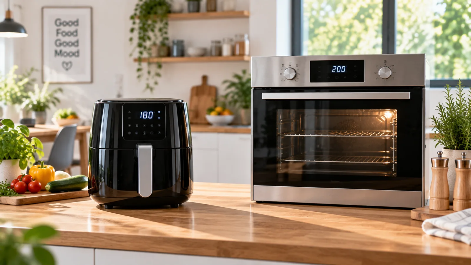 Airfryer und Backofen im direkten Vergleich in einer hellen Küche