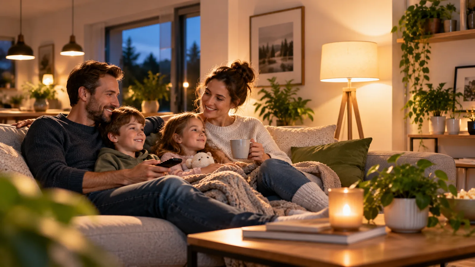 Familie in einem gemütlich beleuchteten Wohnzimmer am Abend