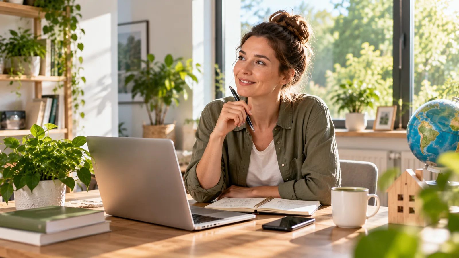 Helles Homeoffice mit Laptop, Pflanzen und natürlichem Tageslicht
