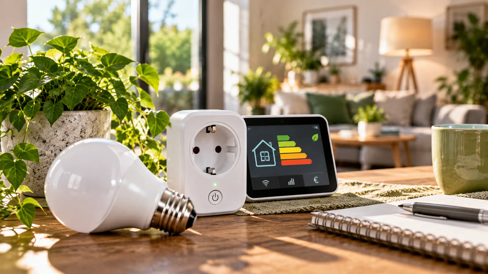 LED-Lampe, Smart Plug und Energieanzeige in einem hellen Wohnraum