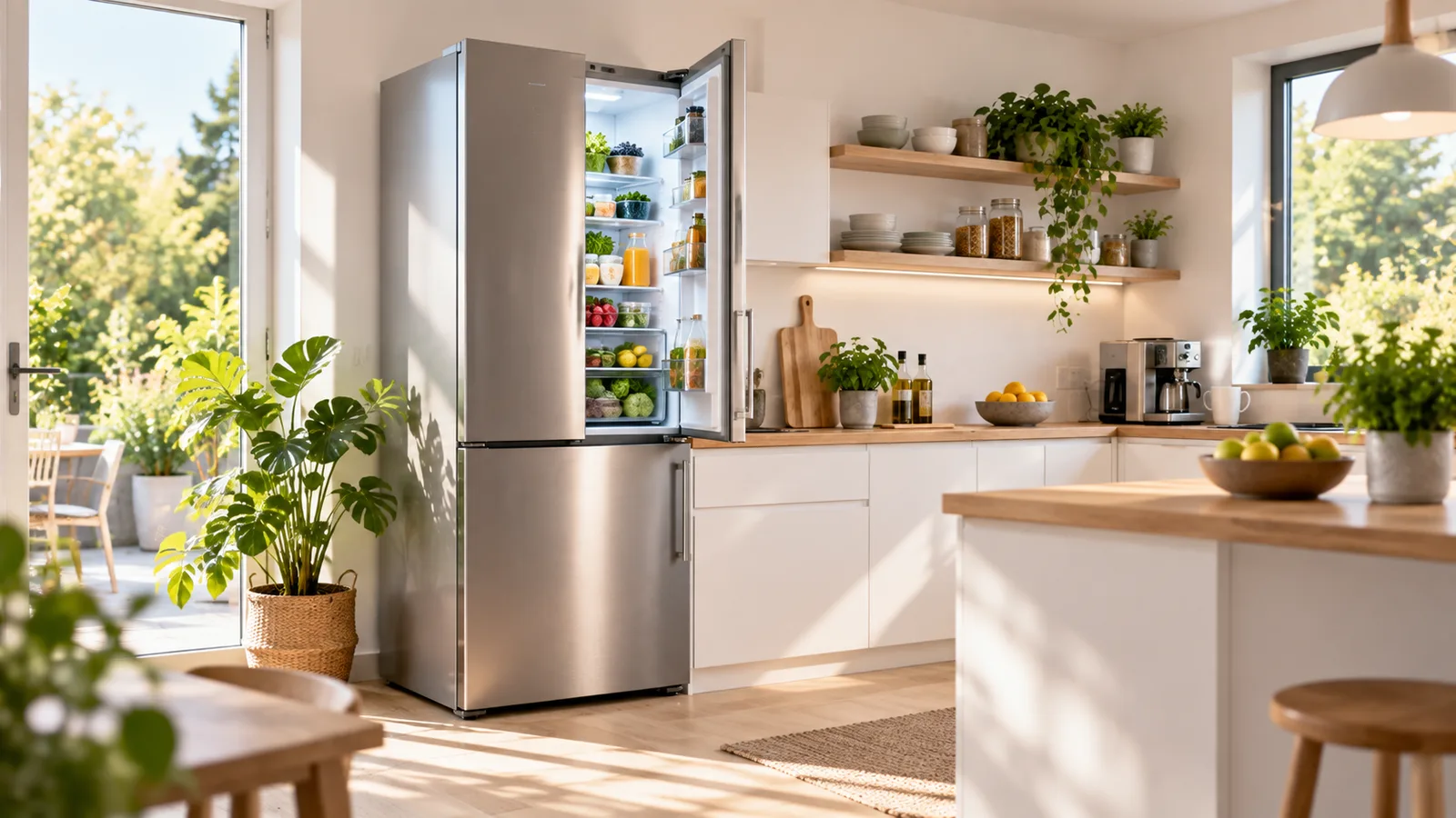 Moderner Kühlschrank in einer hellen Küche