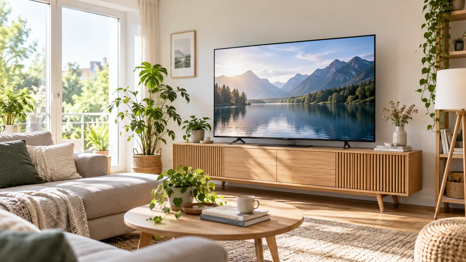 Großer moderner Fernseher in einem hellen Wohnzimmer