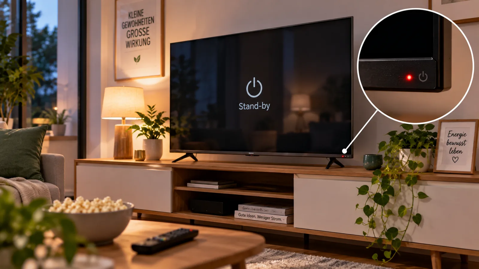 Fernseher im Stand-by mit sichtbarer Bereitschaftsanzeige