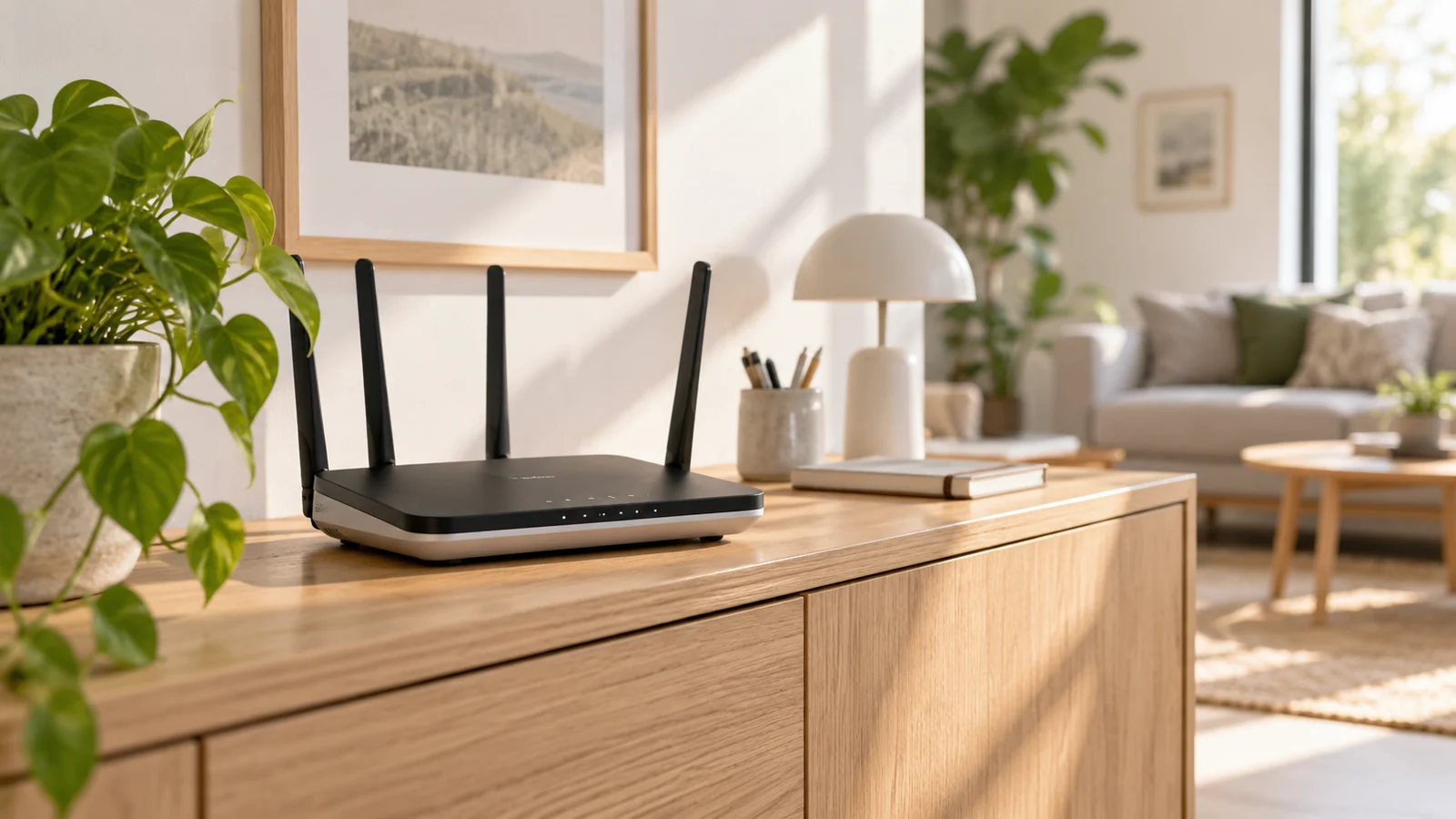 Moderner Router in einem hellen skandinavischen Wohnzimmer