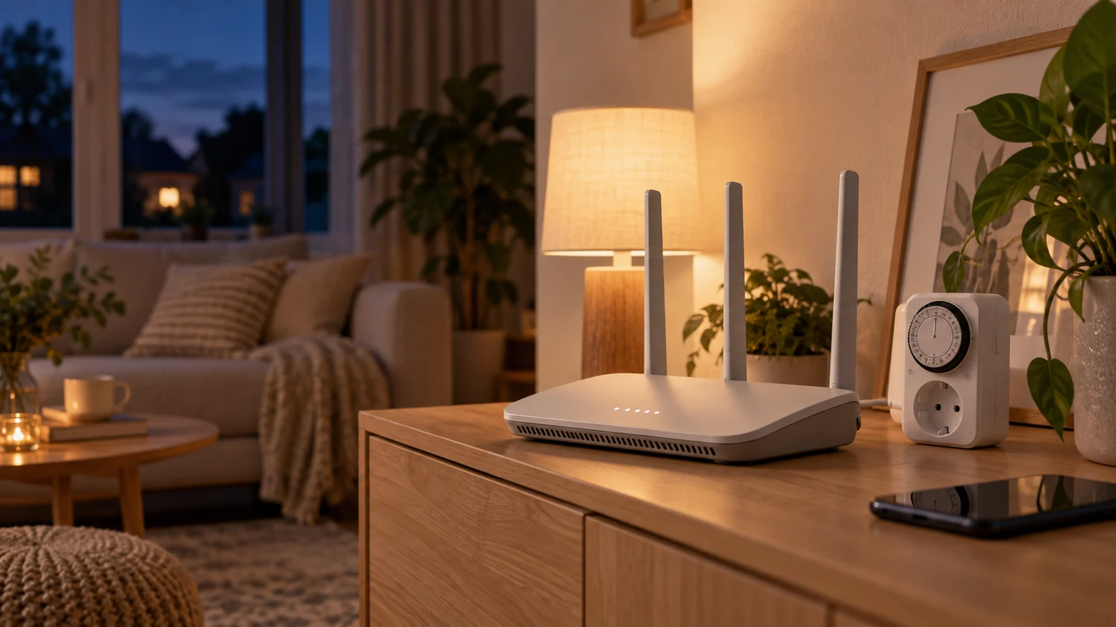 Gemütlicher Abend mit Smart-Home-Technik und Router im Hintergrund