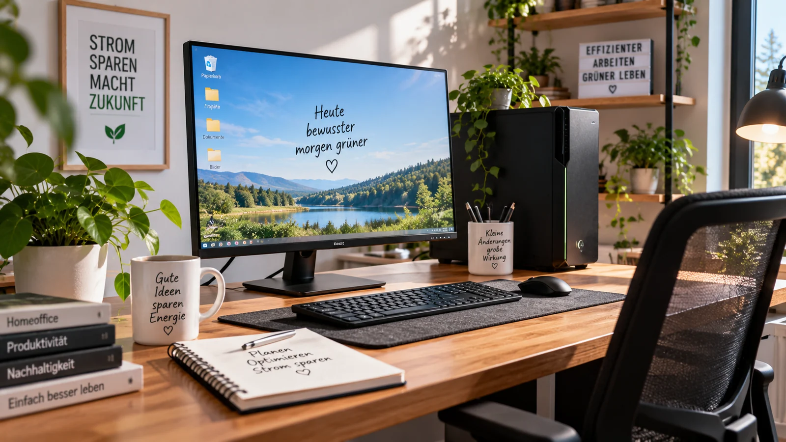 Heller Homeoffice-Arbeitsplatz mit Desktop-PC und Monitor