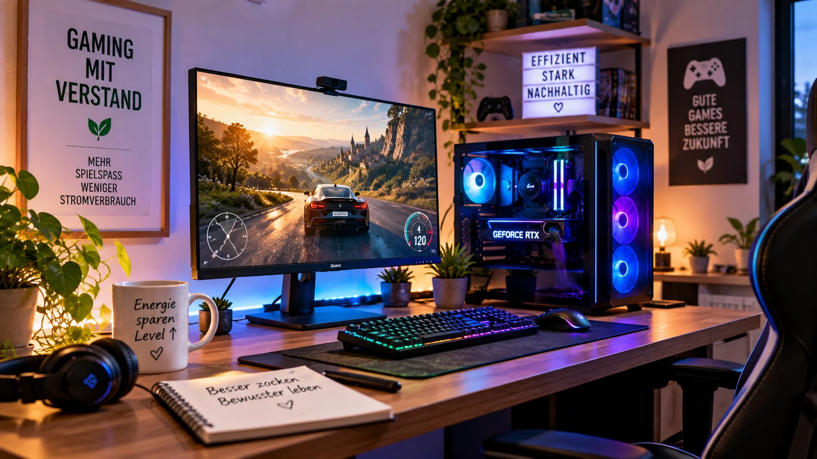 Moderner Gaming-PC mit Monitor in einem gemütlichen Gaming-Zimmer