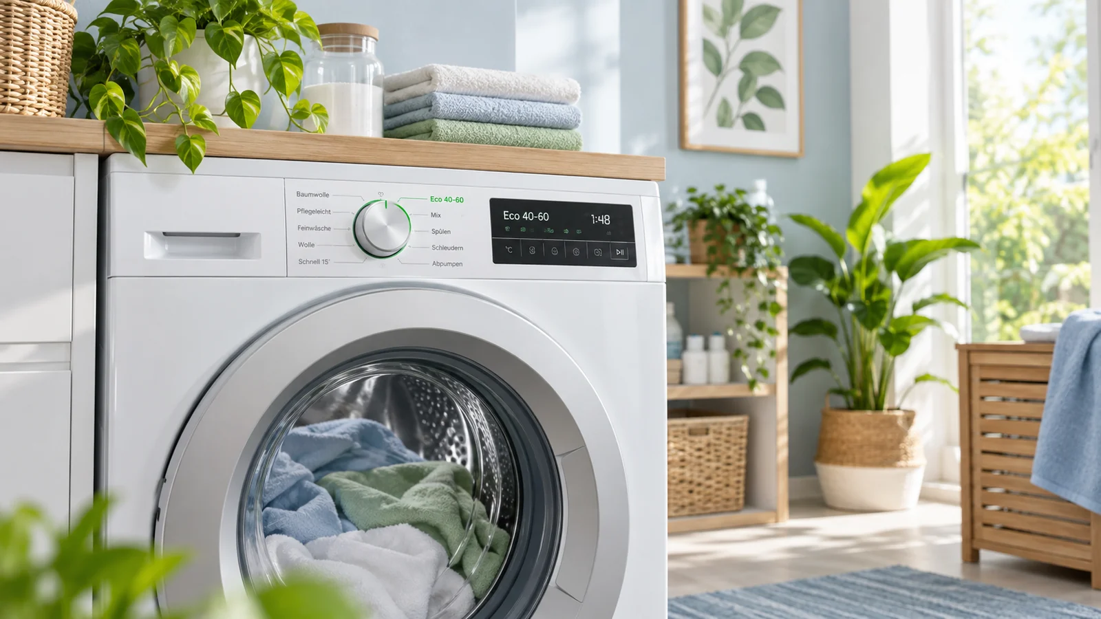 Helle Waschküche mit Waschmaschine im Eco-Programm