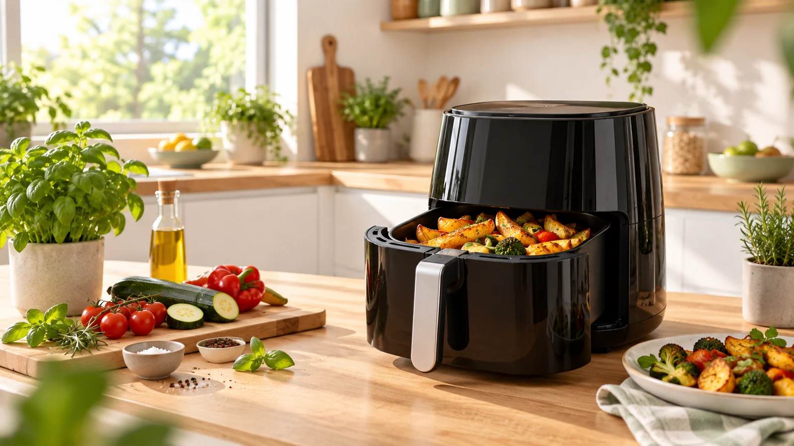 Airfryer mit knusprigem Gemüse in einer hellen Küche