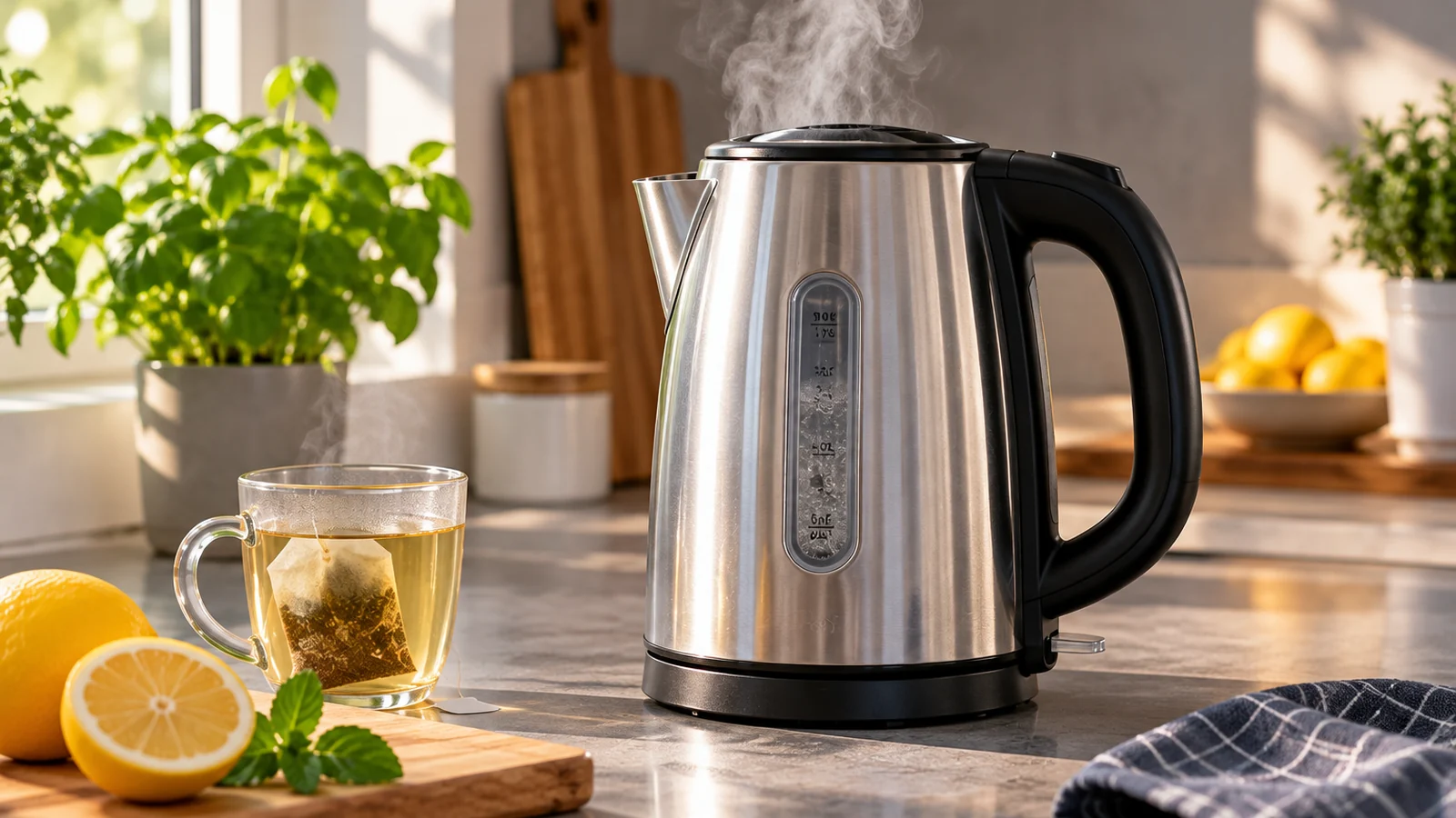 Wasserkocher mit heißem Tee in einer hellen Küche