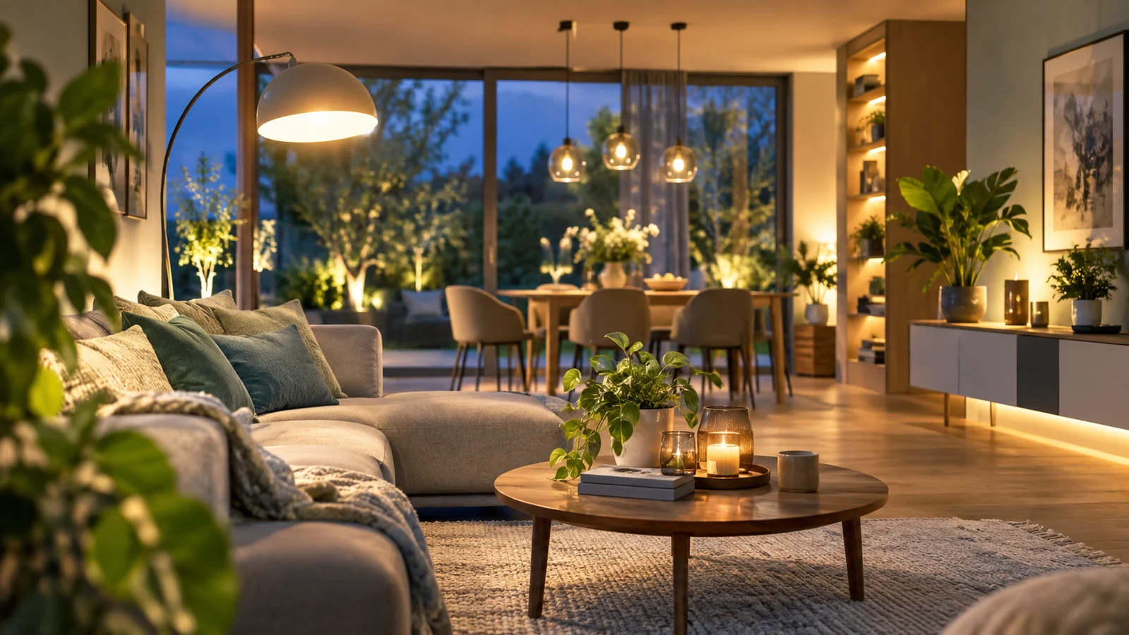Gemütliches Wohnzimmer im warmen Abendlicht mit energiesparender Beleuchtung