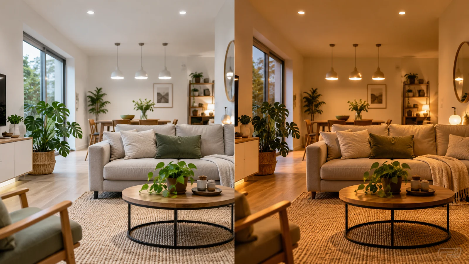 Wohnzimmer im direkten Vergleich mit kühler und warmer Beleuchtung