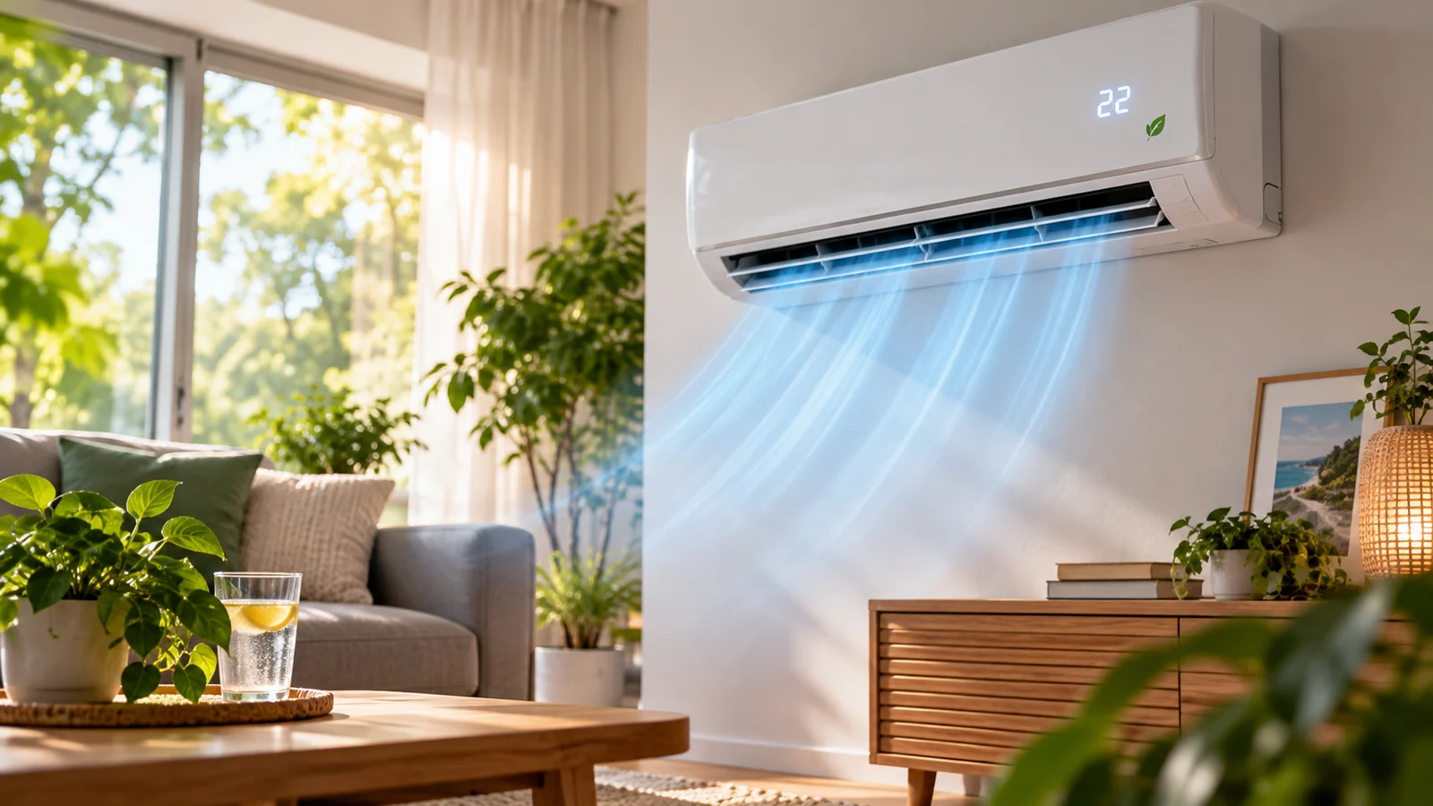 Helles Wohnzimmer mit laufendem Klimagerät an der Wand