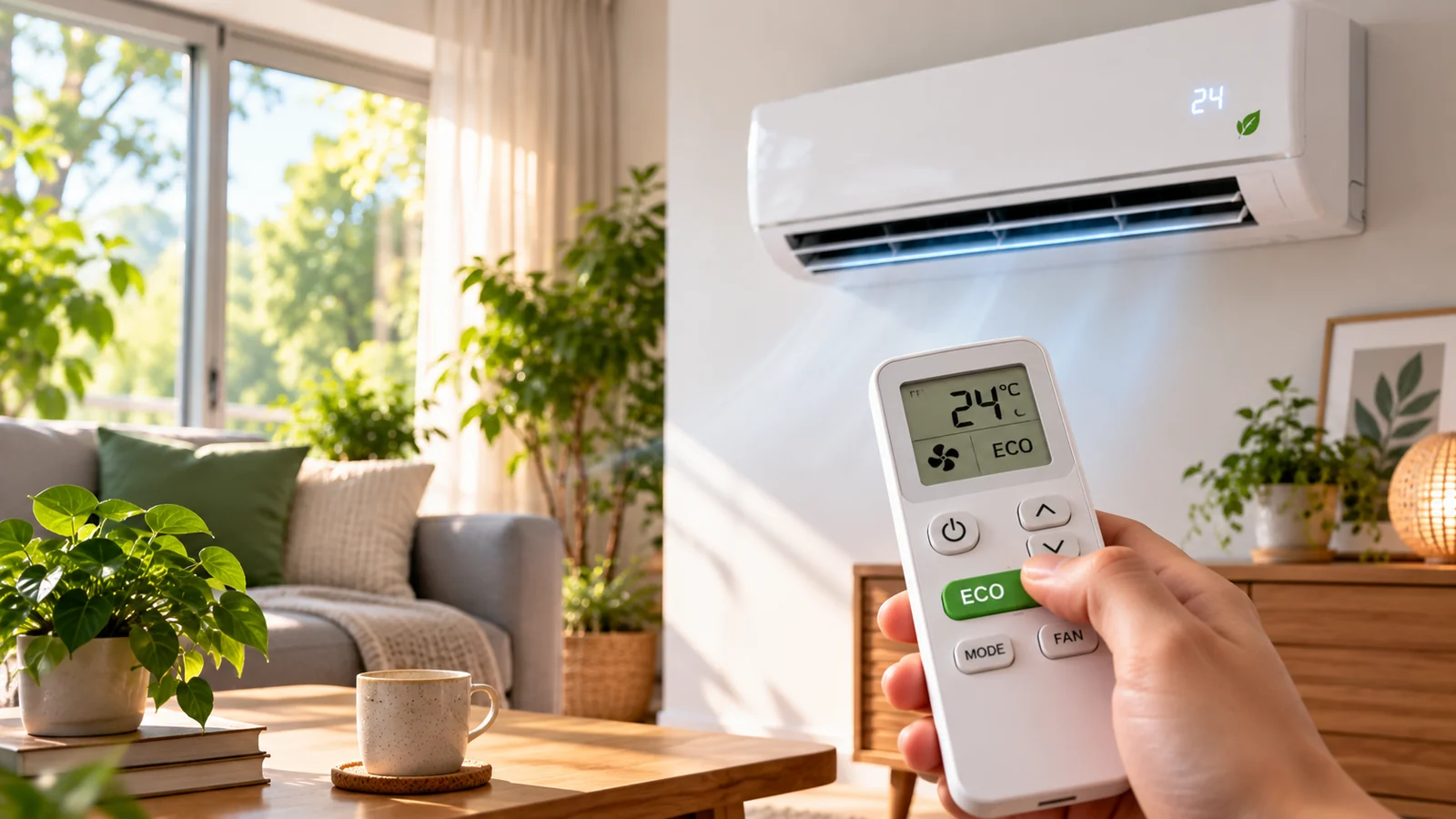 Klimagerät im Eco-Modus mit Fernbedienung in einem hellen Wohnzimmer