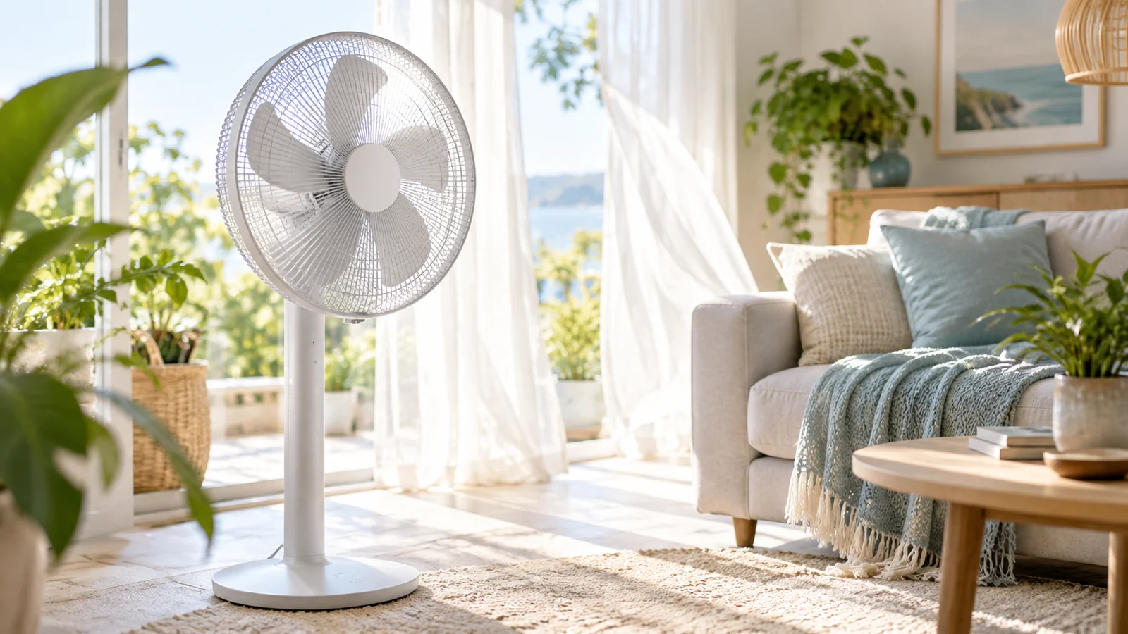 Heller Wohnraum mit Standventilator an einem Sommertag