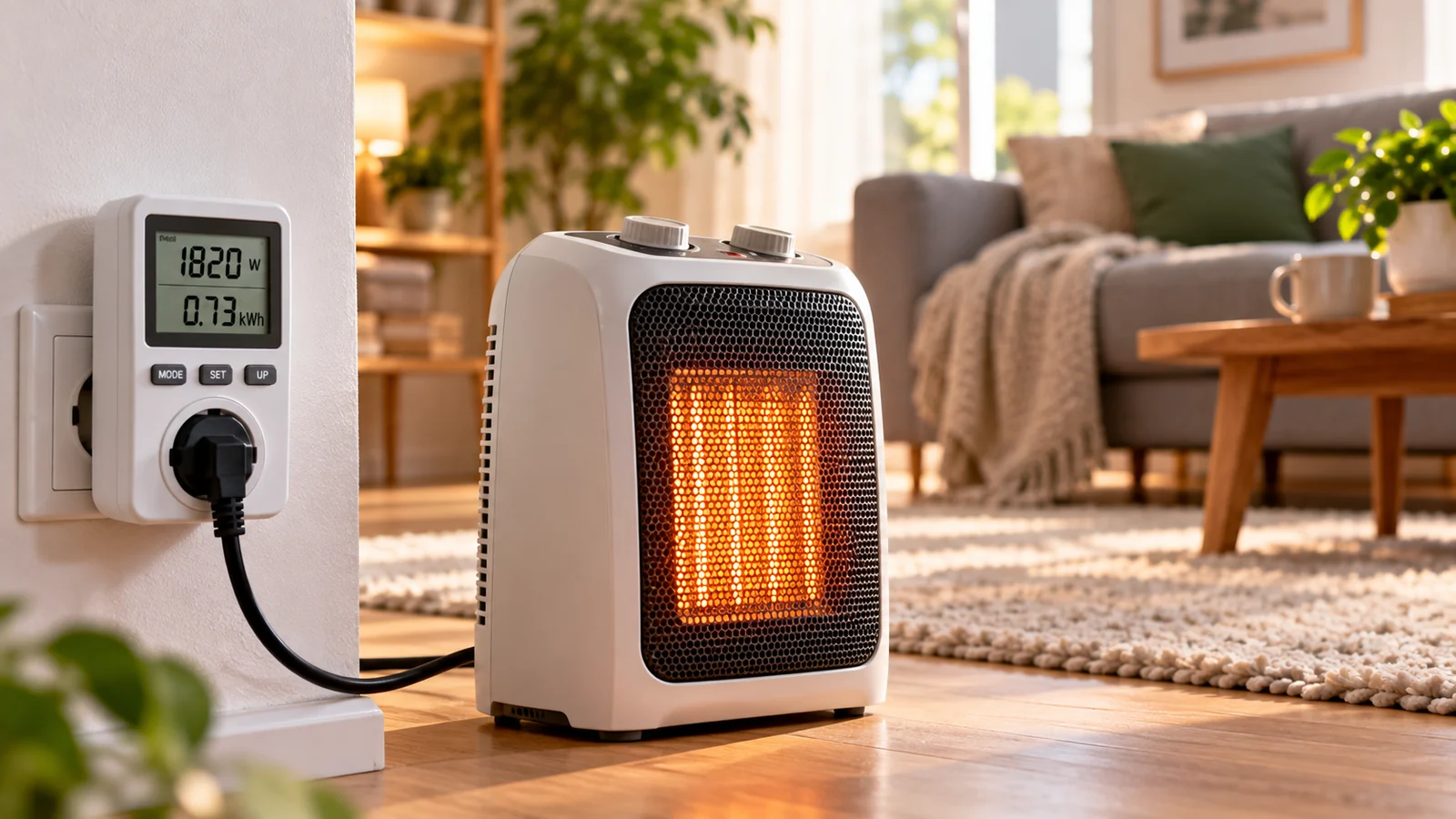 Heizlüfter mit Energiekostenmessgerät in einem gemütlichen Wohnraum