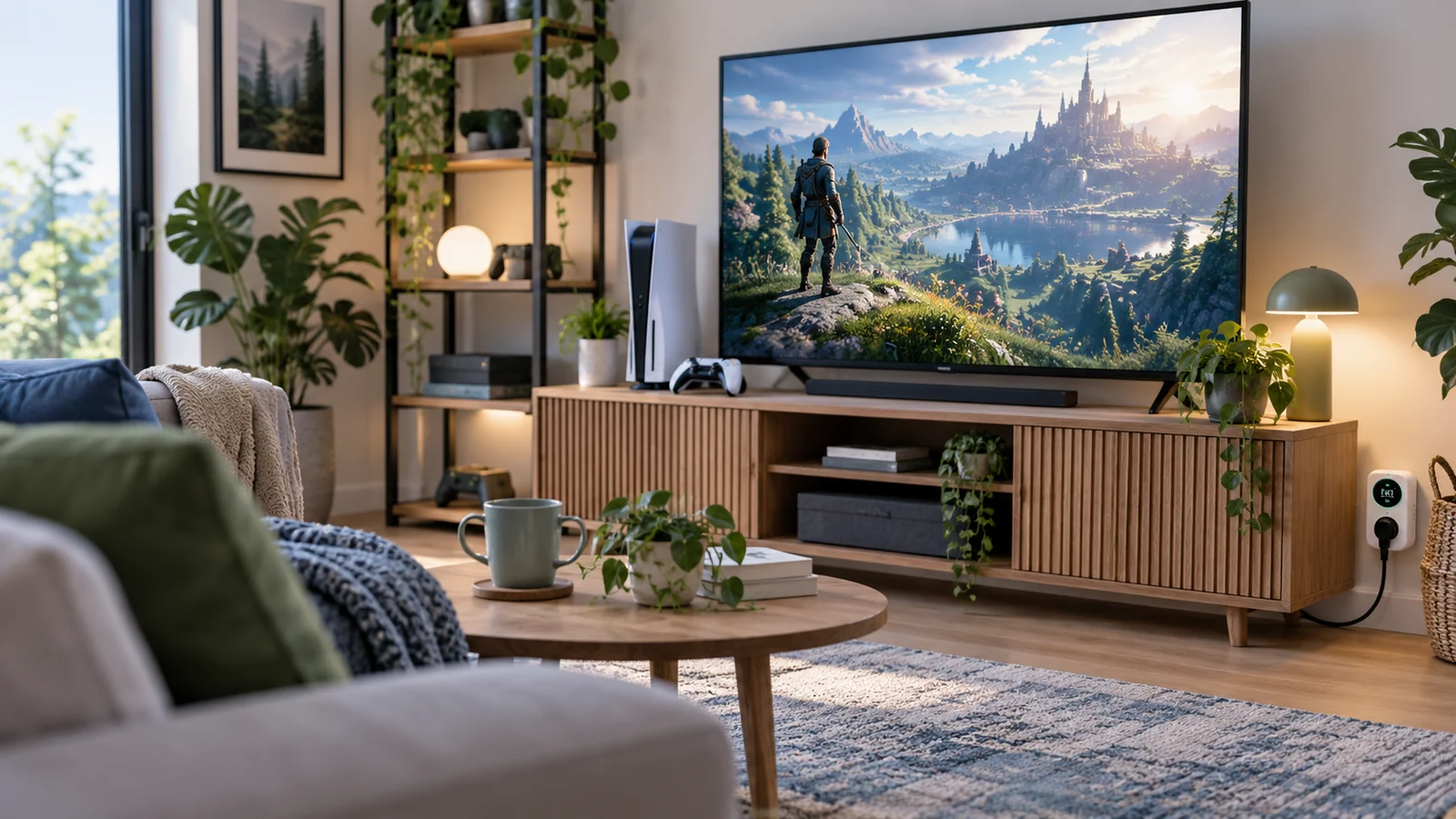 Modernes Gaming-Wohnzimmer mit Spielekonsole und Strommessung