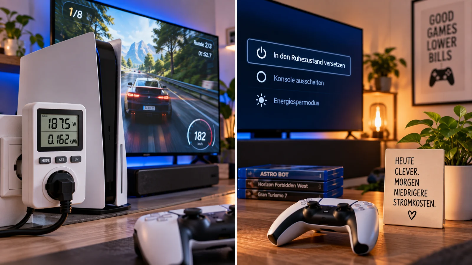 Spielekonsole im Vergleich zwischen aktivem Gaming und Energiesparmodus