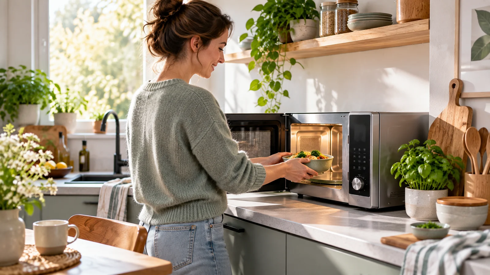 Gemütliche Küche beim energiesparenden Aufwärmen einer Mahlzeit in der Mikrowelle