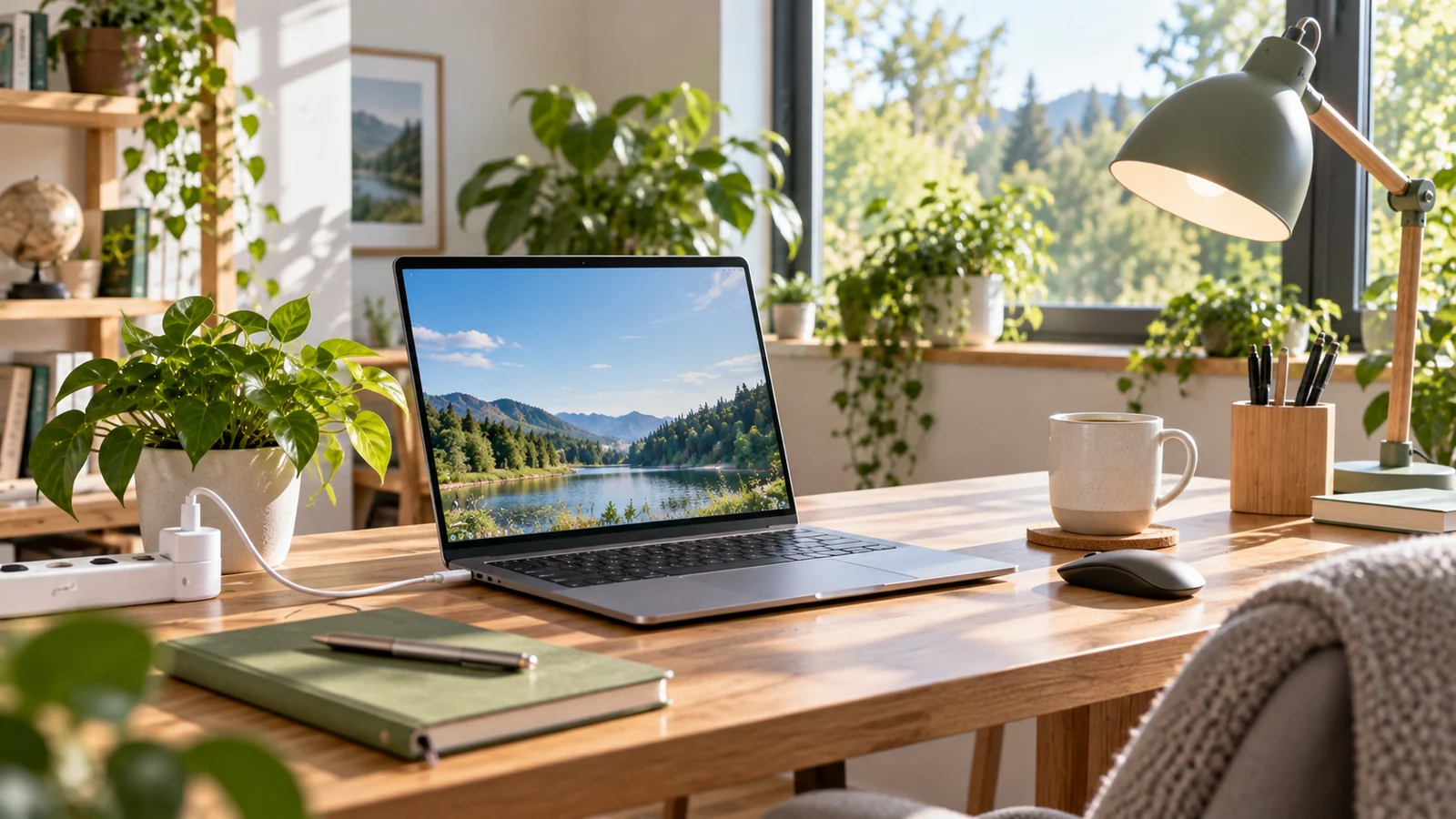 Helles grünes Homeoffice mit Laptop und natürlichem Tageslicht