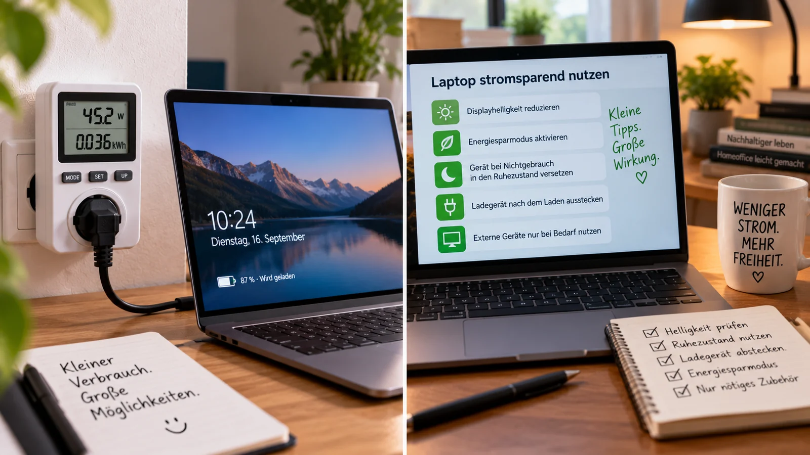 Laptop im Homeoffice mit Strommessung und Energiesparhinweisen