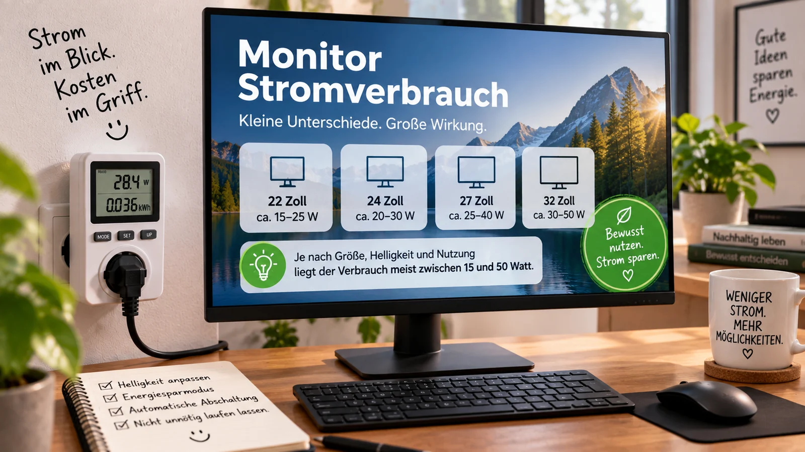 Moderner Monitor im hellen Homeoffice mit Strommessgerät