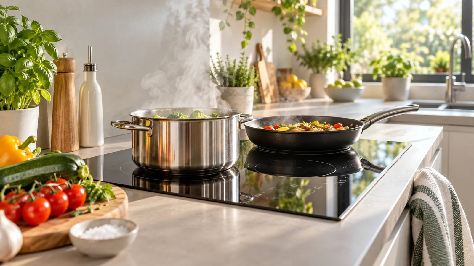 Modernes Kochfeld mit dampfendem Topf und Gemüsepfanne in heller Küche
