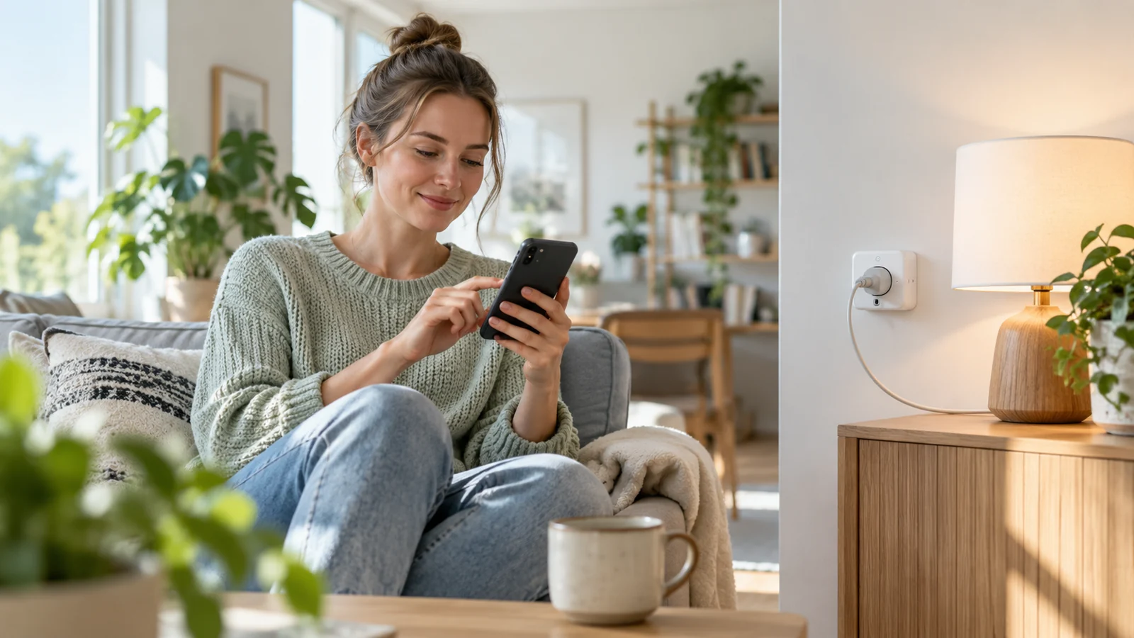 Smart Plug in einem hellen Wohnzimmer mit Smartphone-Steuerung
